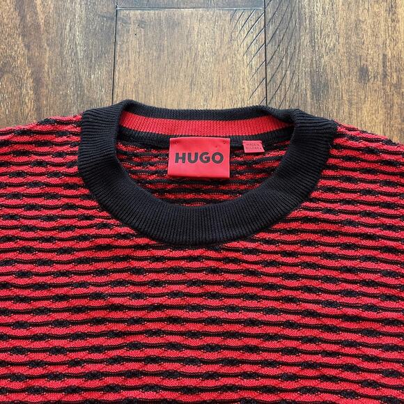 HUGO Sweater Mens Medium Red Black Textured Stripe Crewneck Knit Pullover Wave - Picture 3 of 8